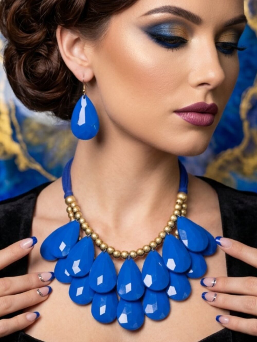 New! Statement Royal Blue Teardrop Bib Necklace with Matching Earrings